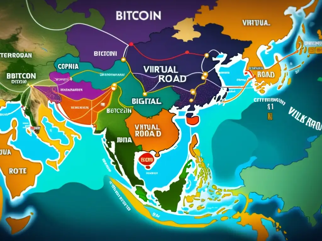 Mapa digital detallado de la Ruta de la Seda virtual con criptomonedas como Bitcoin, Ethereum y Litecoin