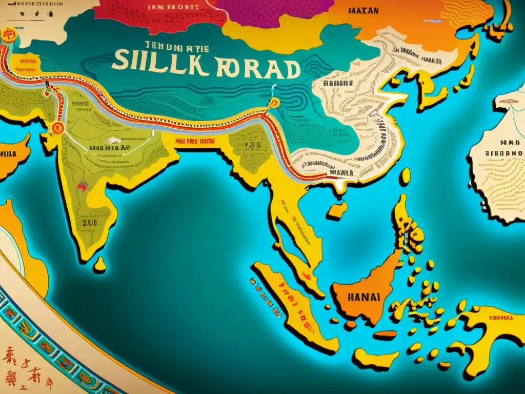 Mapa de seda detallado de la Ruta de la Seda durante la Dinastía Han, con caravanas y paisajes culturales, reflejando las innovaciones de la Dinastía Han