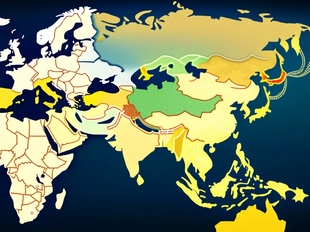 Mapa virtual detallado de la Ruta de la Seda con criptoinversiones, transacciones y datos, evocando complejidad financiera y avance tecnológico