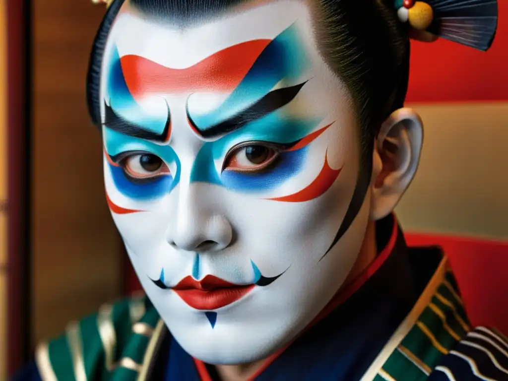 El maquillaje detallado de un actor de Kabuki resalta la influencia del kabuki en el arte japonés, con sus líneas y colores vibrantes