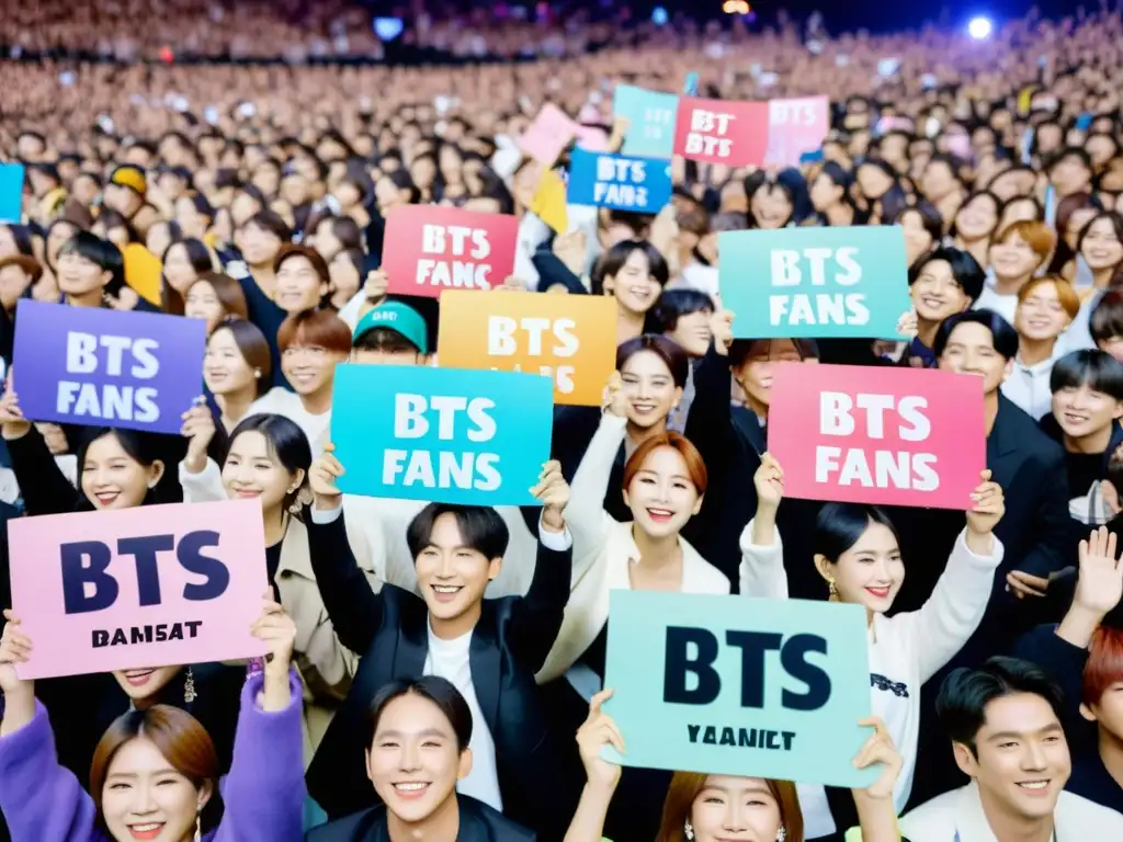 Mar de fans sosteniendo carteles coloridos en un concierto de BTS, reflejando el impacto global de BTS con devoción y energía vibrante