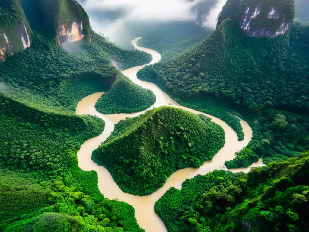 Maravillas naturales de Asia: Vista aérea de exuberante paisaje tropical con ríos escondidos, cascadas majestuosas y bosques densos