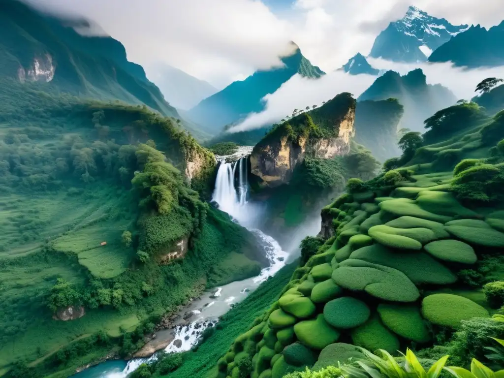 Maravillas naturales de Asia: La cascada de las Tres Hermanas en el corazón del Himalaya, rodeada de exuberante vegetación y picos neblinosos