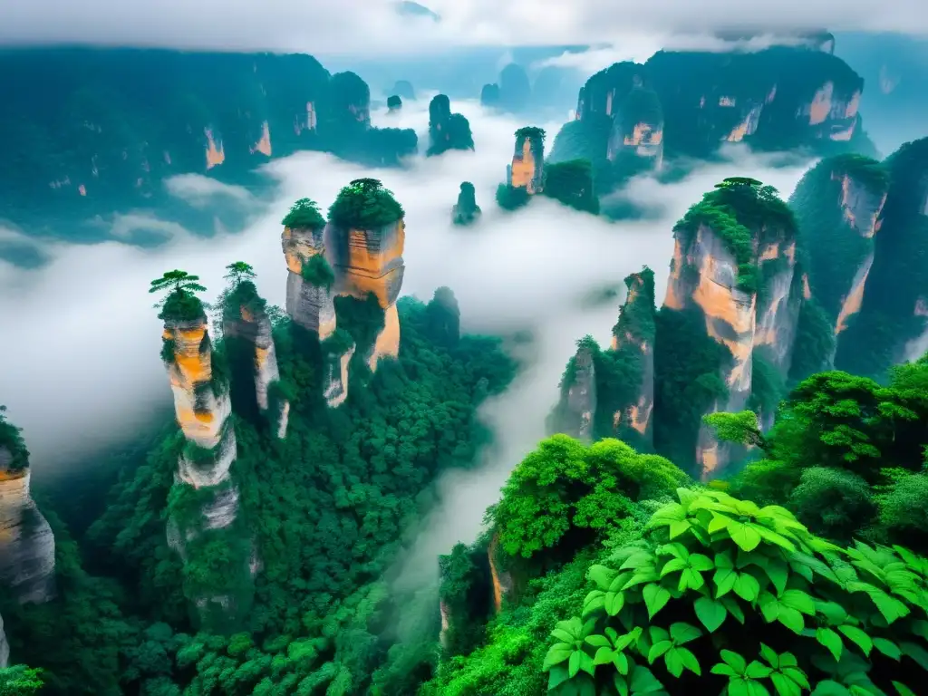 Maravillas naturales de Asia: Zhangjiajie National Forest Park con majestuosas formaciones rocosas envueltas en neblina y exuberante vegetación