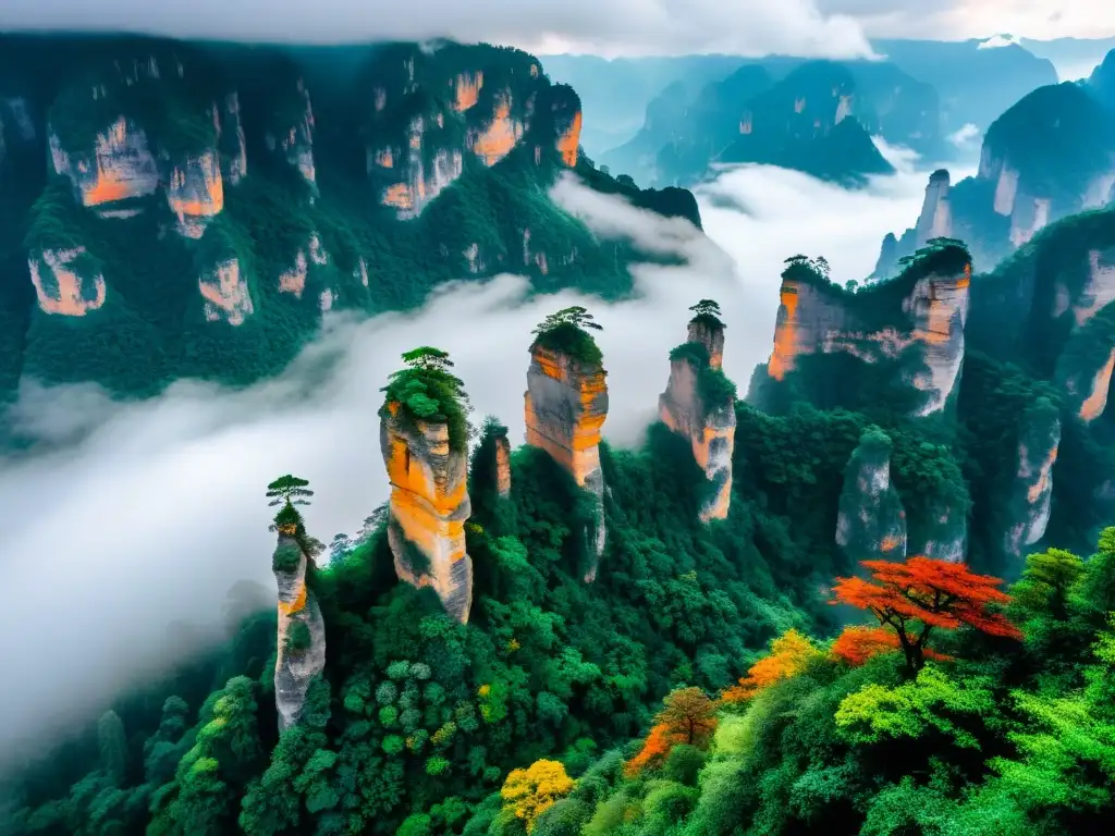 Maravillas naturales de Asia: Majestuosas montañas de Zhangjiajie envueltas en neblina, con pilares de piedra y exuberante follaje otoñal