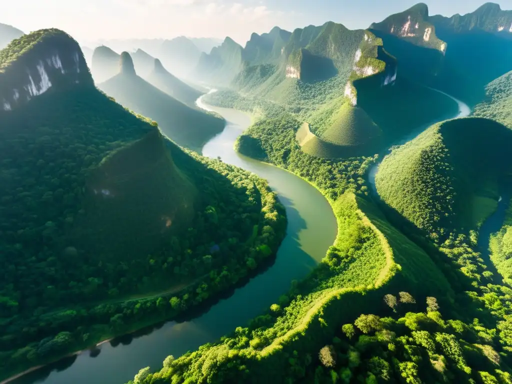 Maravillas naturales de Asia: un paisaje exuberante con ríos serpenteantes y bosques frondosos, bañados por la luz dorada del sol