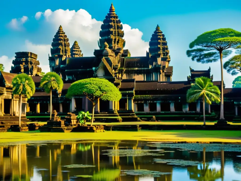 Maravillosa arquitectura de templos hindúes en Asia: Angkor Wat, con esculturas vibrantes y detalles exquisitos bajo la cálida luz del sol