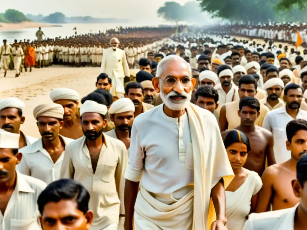 Mahatma Gandhi lidera la Marcha de la Sal en 1930, simbolizando la lucha por la independencia y la búsqueda de Moksha en el hinduismo