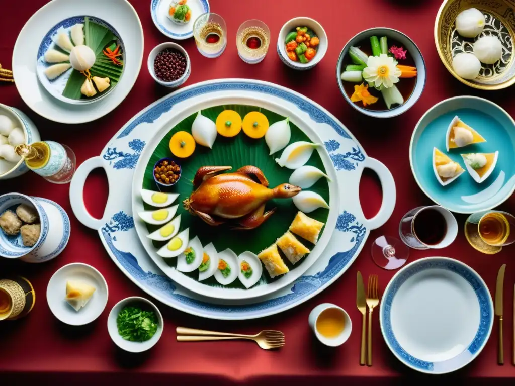 Maridaje exótico de vinos y platos de lujo en una lujosa mesa de banquete decorada con porcelana china y exquisitas comidas orientales, creando una escena visualmente impactante