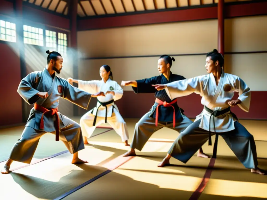 Martial artists demostrando la influencia de Sun Tzu en estrategias con precisión y concentración en un dojo soleado