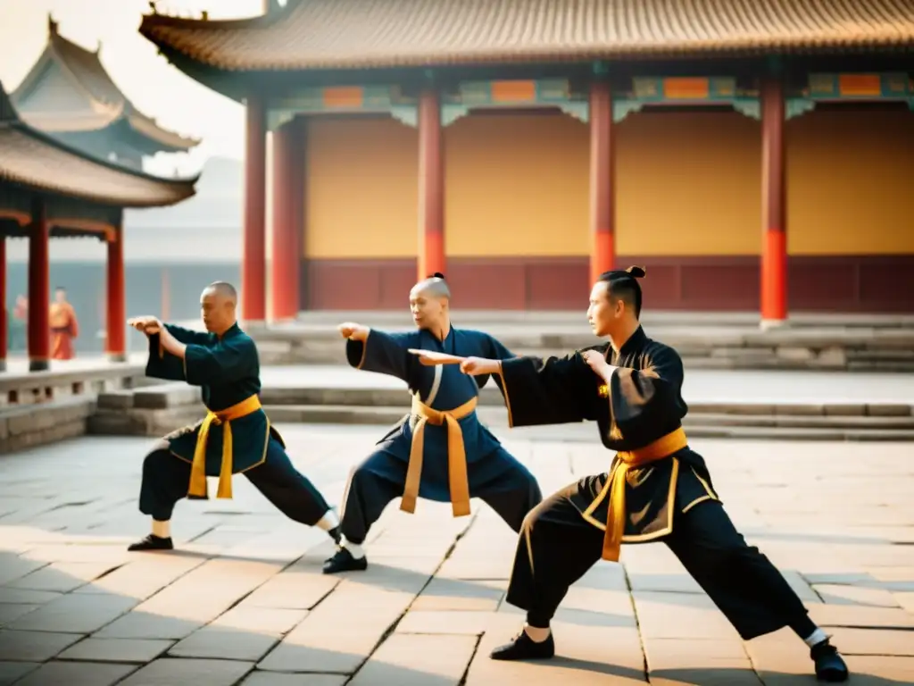 Martial artists practicando Kung Fu en un patio tranquilo, con vestimenta tradicional y arquitectura antigua