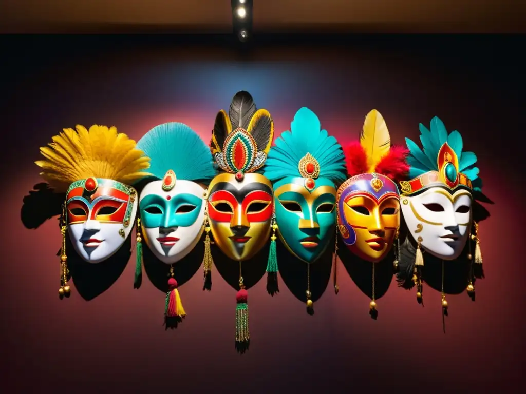 Exhibición de máscaras asiáticas en galería de arte con misterioso encanto y colores vibrantes