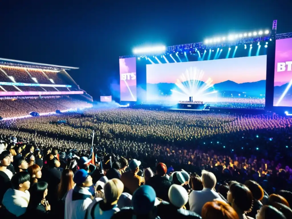 Masiva multitud diversa ondeando lightsticks de BTS en concierto, cantando con pasión