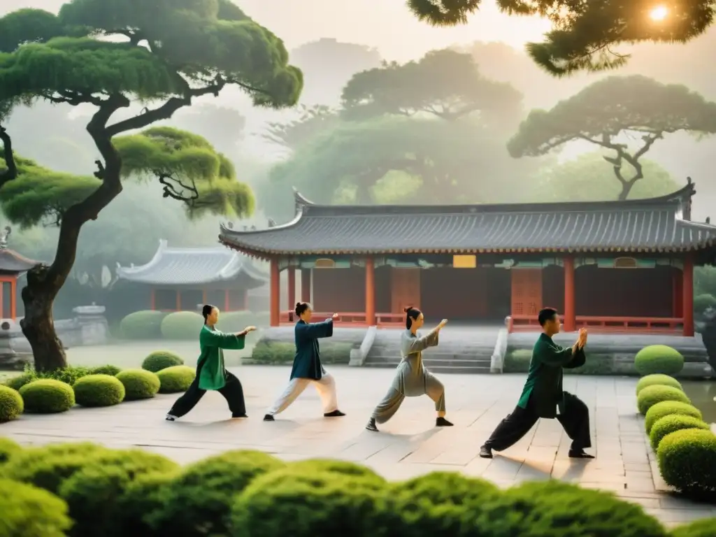 Práctica matutina de Tai Chi en un jardín chino tradicional, con espiritualidad asiática en la sociedad