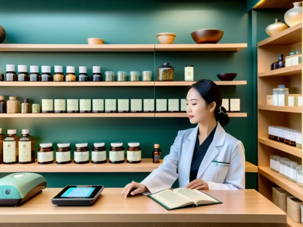 Un médico de medicina china tradicional consulta a un paciente en una clínica moderna, rodeado de equipamiento médico de alta tecnología y estantes llenos de hierbas medicinales