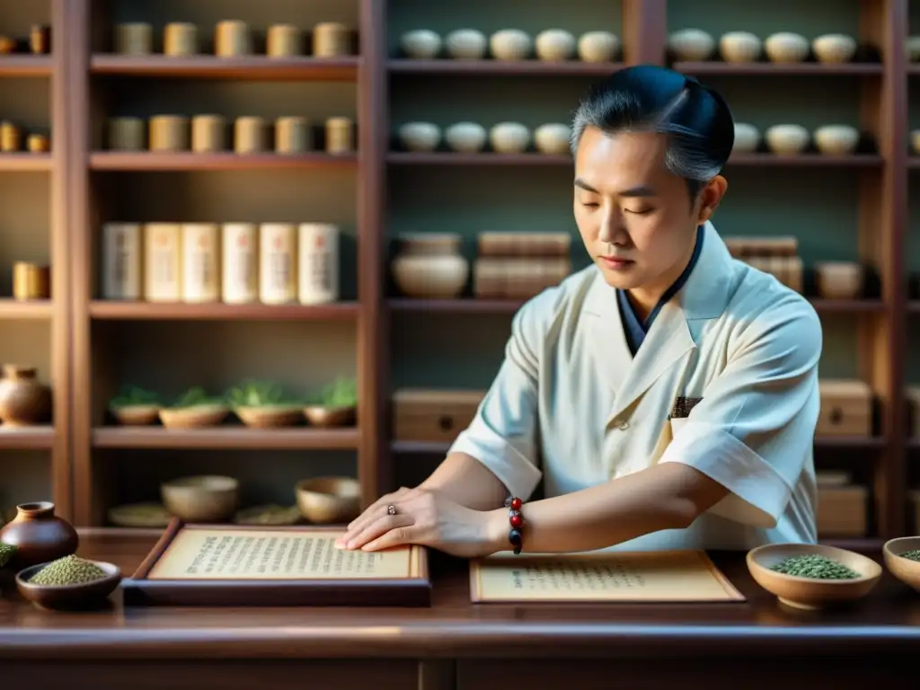 Un médico de medicina china tradicional examina el pulso de un paciente con libros antiguos y hierbas en el fondo