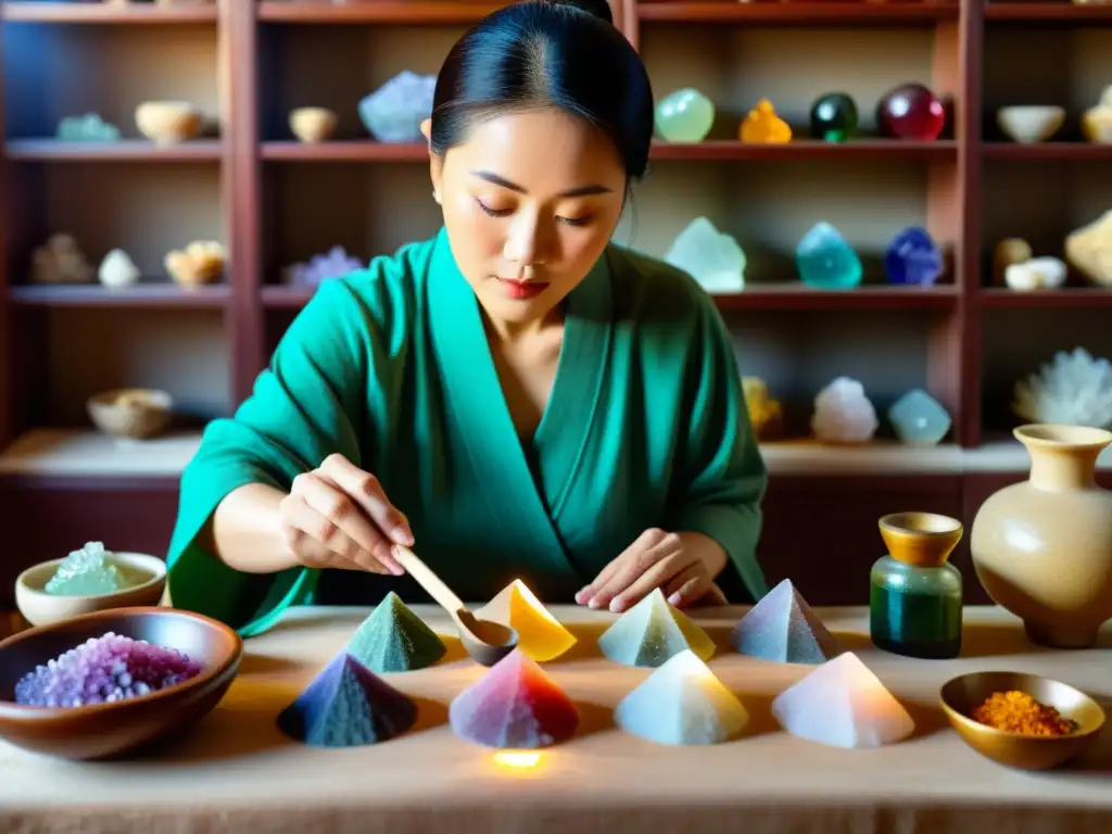 Un médico de medicina tradicional china selecciona y prepara minerales y cristales coloridos, con la luz del sol creando un brillo cálido y etéreo