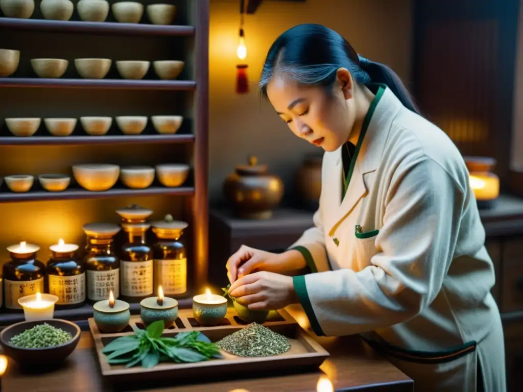 Un médico de medicina tradicional china selecciona hierbas en una apotecaría atmosférica