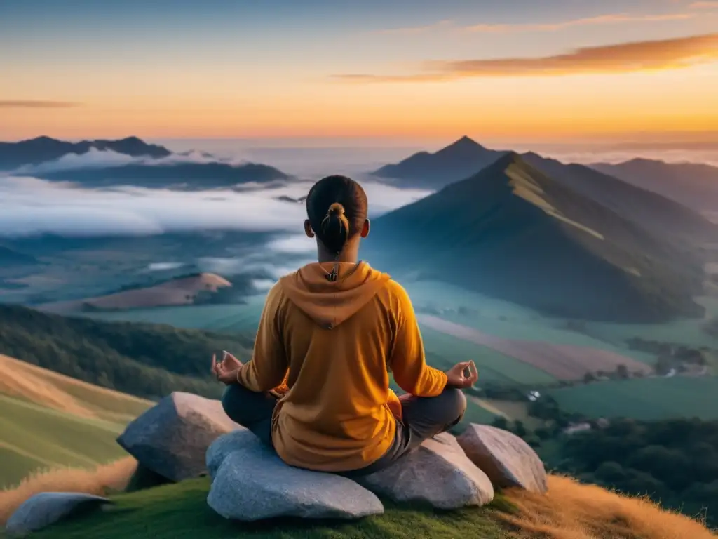 Meditador en la cima de la montaña, en calma, sosteniendo bitcoin y mala de meditación