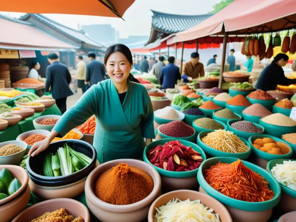 Mejor versión del Kimchi en un bullicioso mercado coreano, con una variedad de colores y tradiciones en pots de barro