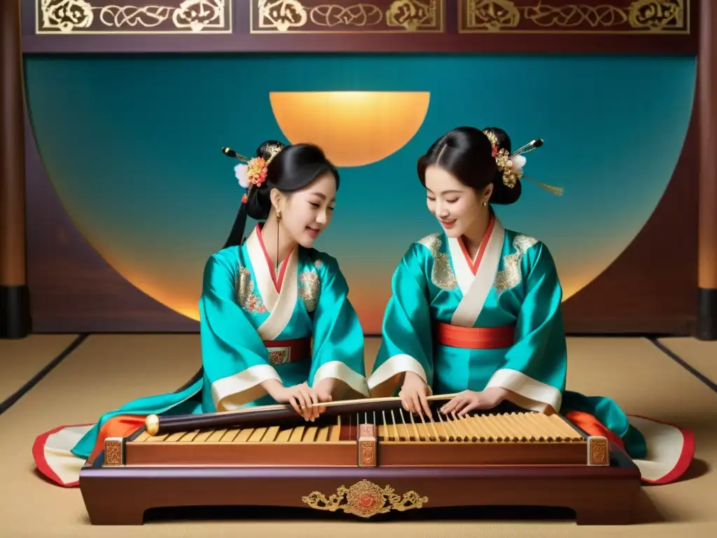 Melodías tradicionales coreanas instrumentos: Una vibrante interpretación musical en escenario con instrumentos antiguos y hanboks elegantes