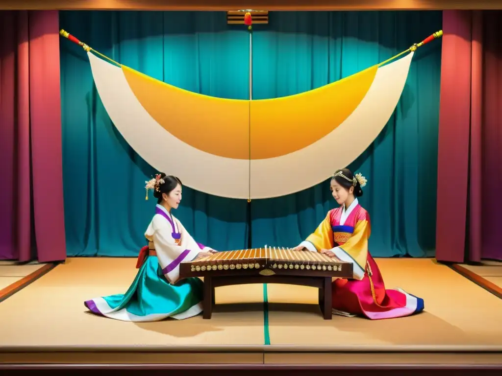 Melodías tradicionales coreanas: músicos vistiendo hanbok tocan instrumentos tradicionales ante un paisaje sereno