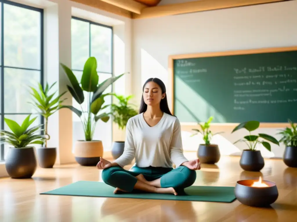 Transformación mental y espiritual a través del arte zen: Profesor y estudiantes meditan en aula serena con luz natural