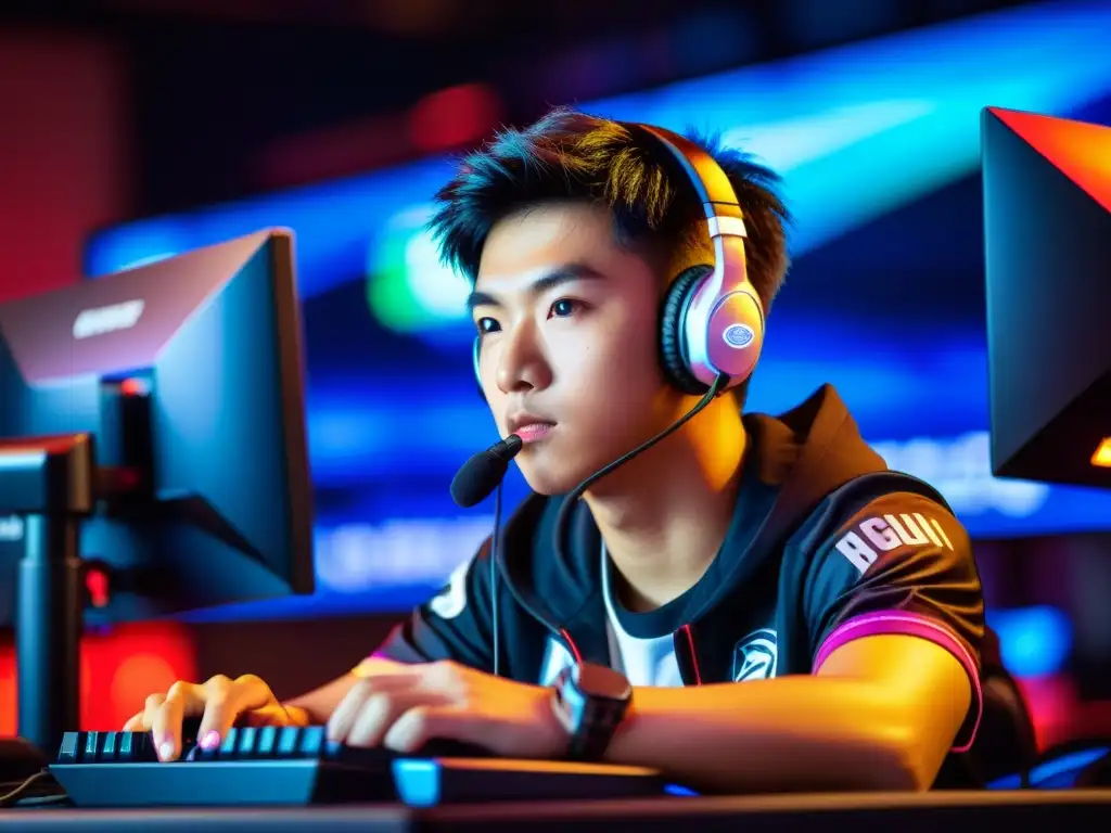 La mentalidad de un gamer asiático en eSports: intensa concentración y determinación iluminan su rostro, inmerso en el mundo de los videojuegos