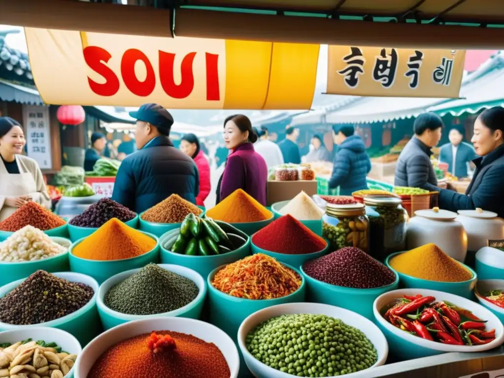 Un mercado al aire libre bullicioso en Seúl, Corea del Sur, con ingredientes coloridos y exóticos