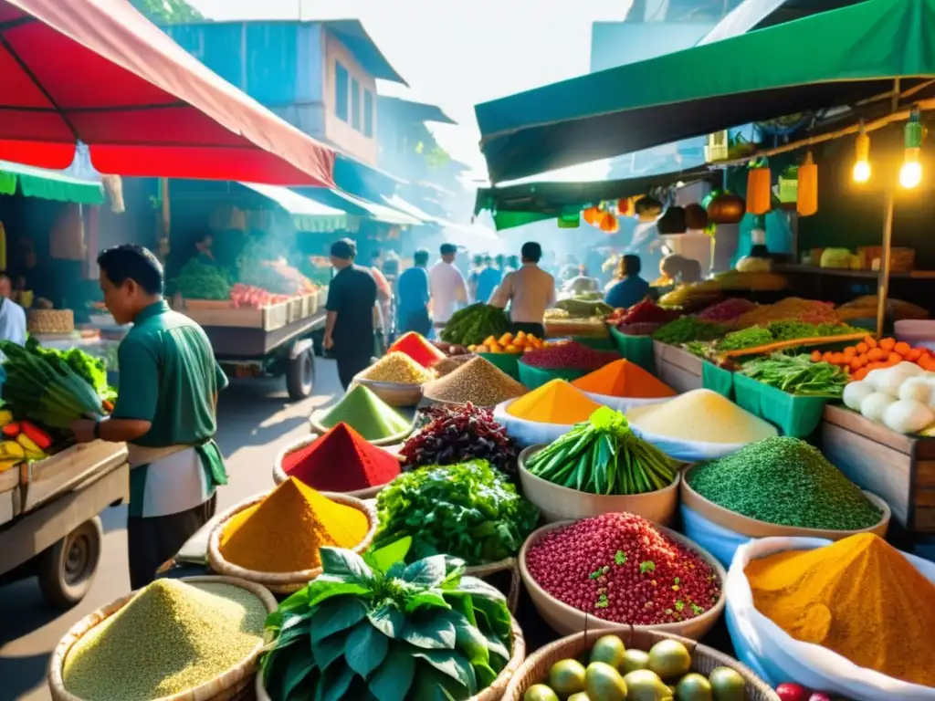 Mercado al aire libre en Asia con vibrantes productos frescos y cocina callejera