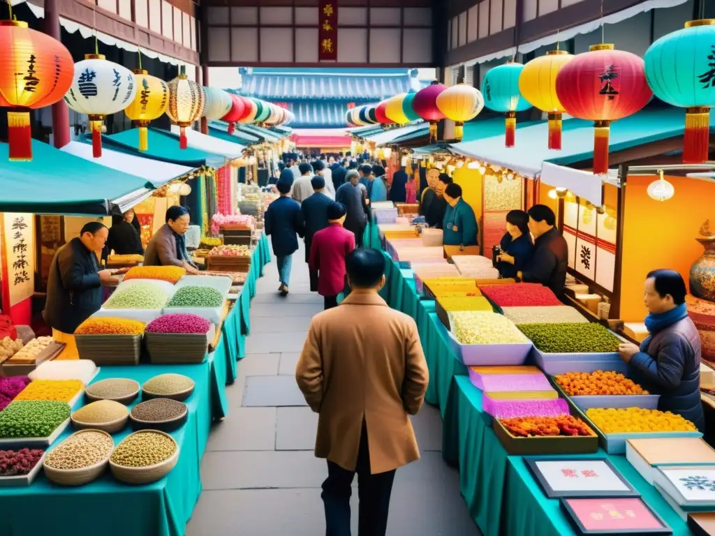 Mercado de arte asiático vibrante con obras tradicionales coloridas y gente coleccionando