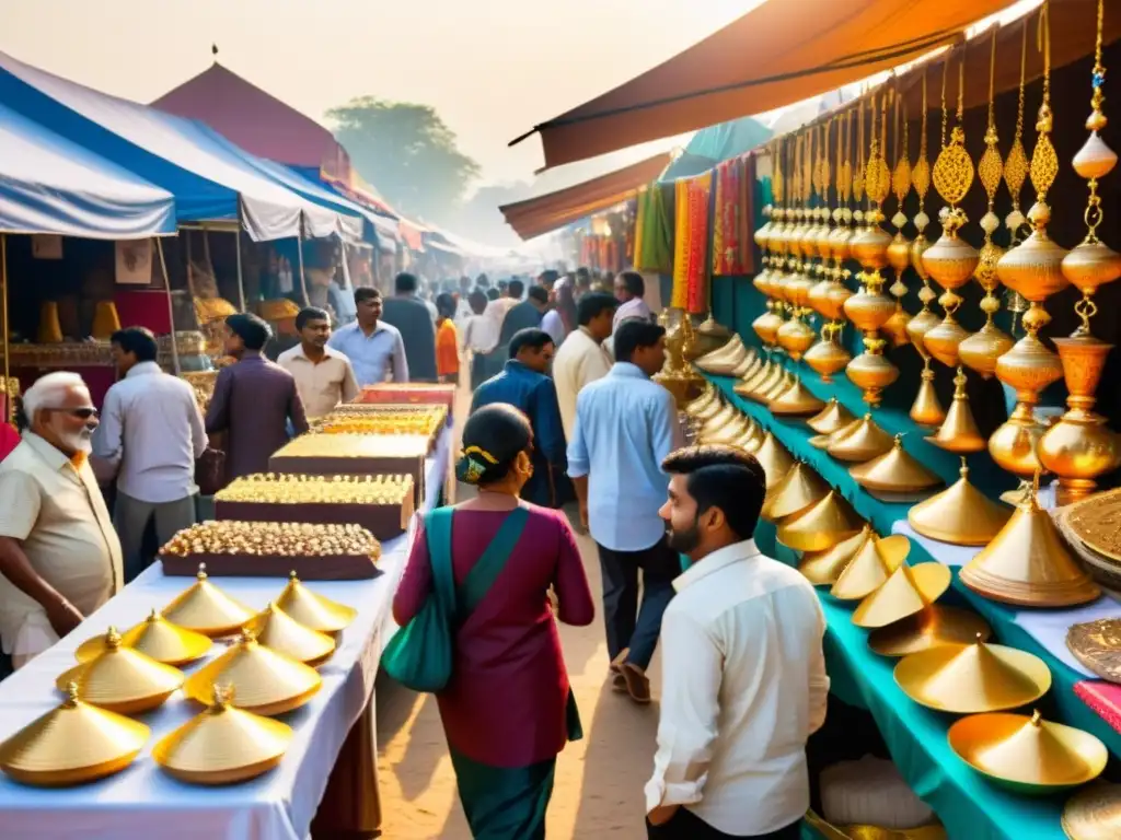 Un mercado de arte indio bullicioso, con puestos coloridos y clientes vestidos con atuendos tradicionales