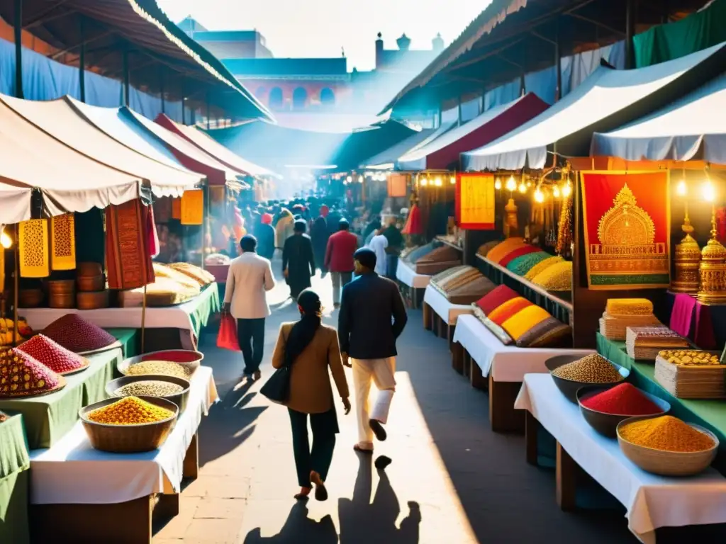 Un mercado de arte indio bullicioso, con colores vibrantes y obras tradicionales