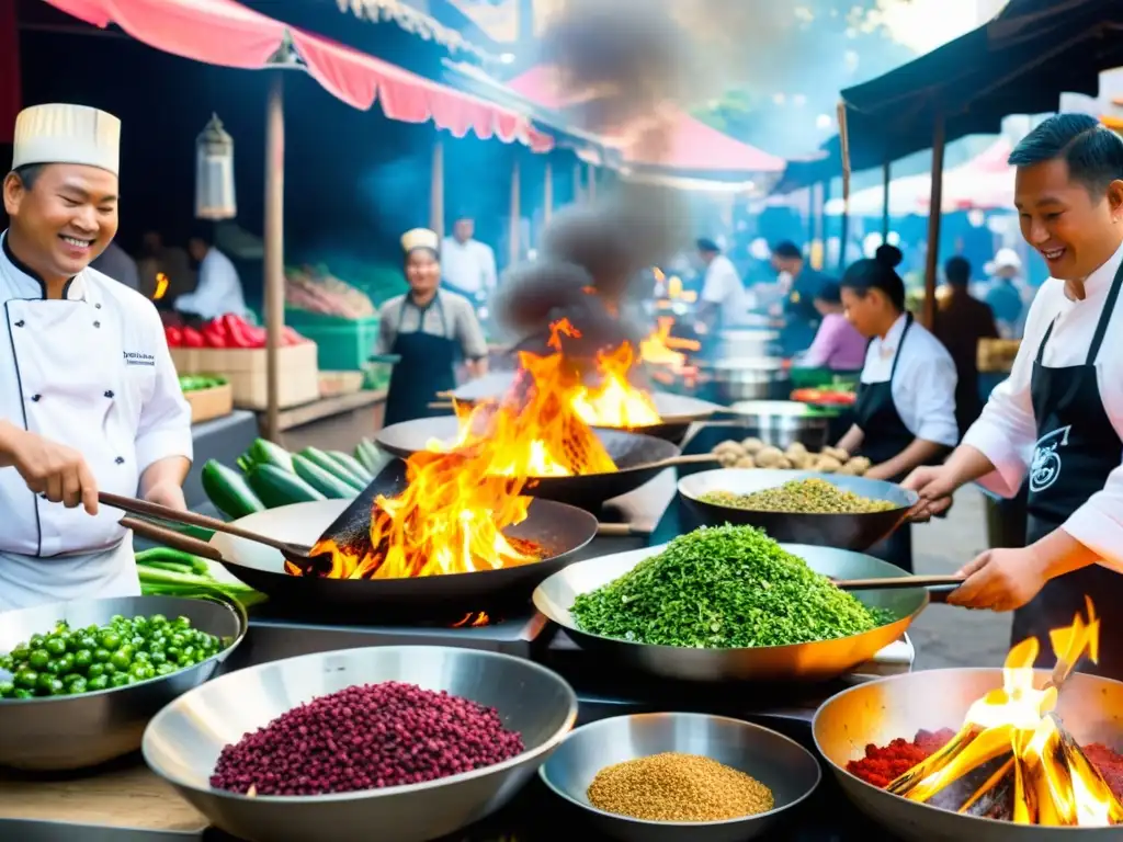 Mercado asiático bullicioso, chefs expertos preparan platos tradicionales