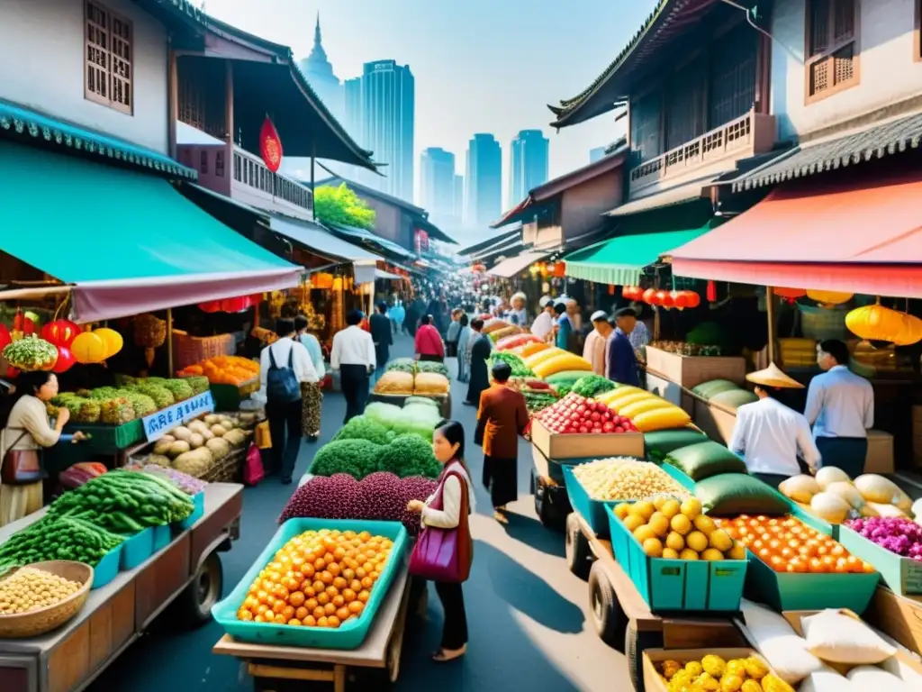 Un mercado asiático bullicioso con colores vibrantes, gente y diversidad de productos