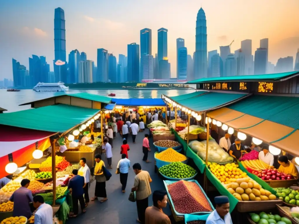 Mercado asiático bullicioso con frutas exóticas, especias fragantes y mariscos frescos