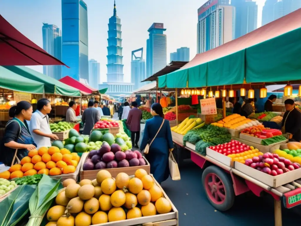 Mercado asiático bullicioso con frutas, verduras y artesanías coloridas, diversidad cultural y emprendimiento con un MBA asiático