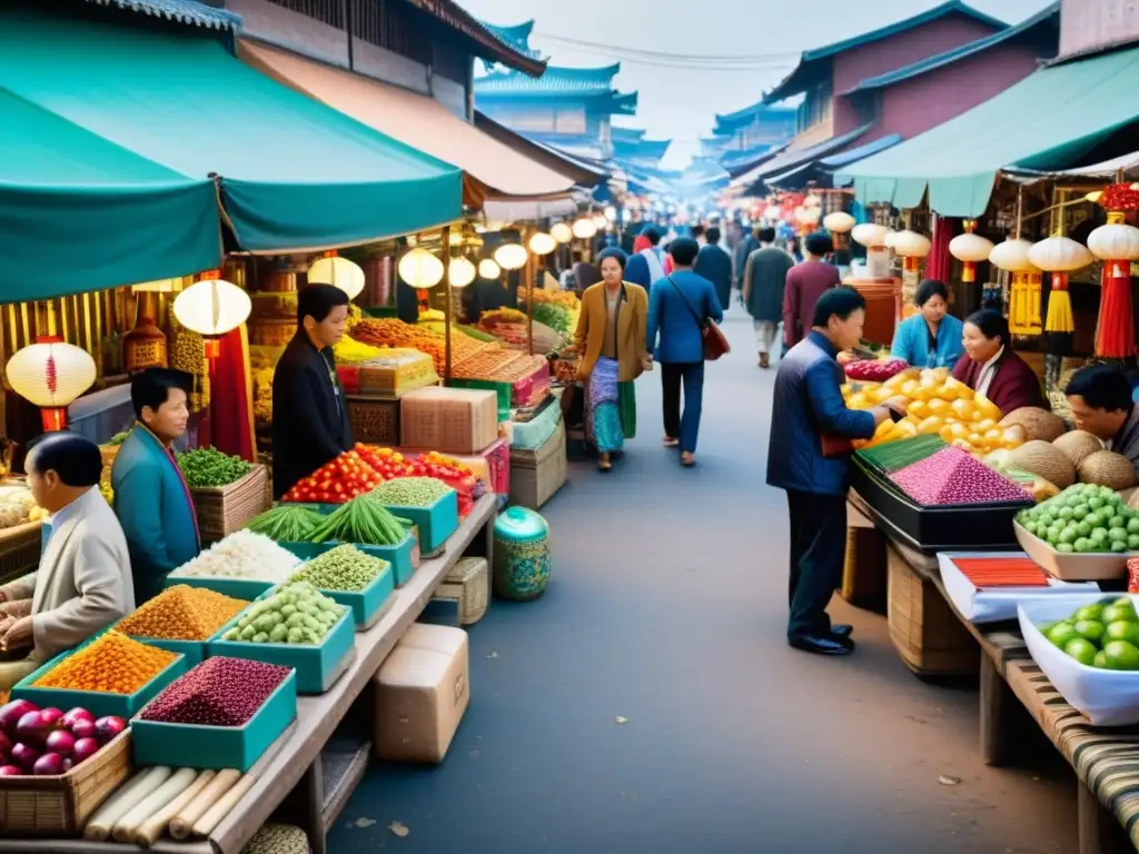 Un mercado asiático bullicioso con gadgets modernos y tradicionales