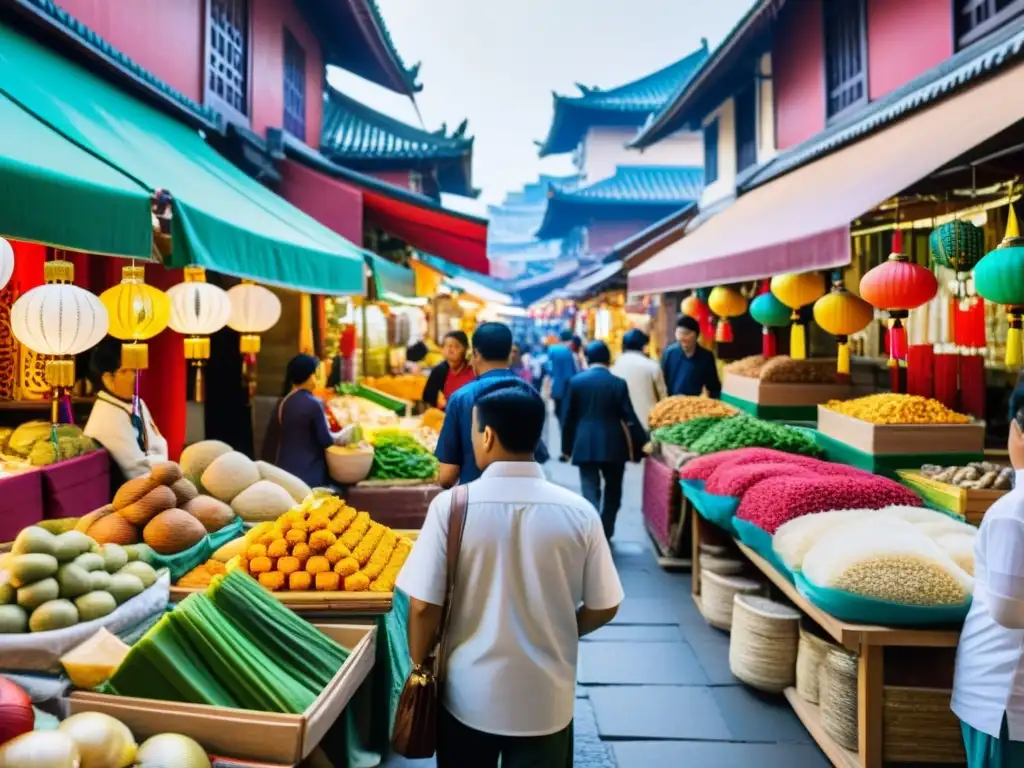 Mercado asiático vibrante: arte tradicional, cultura y energía Un mercado asiático bullicioso con puestos coloridos vendiendo arte y artesanías tradicionales