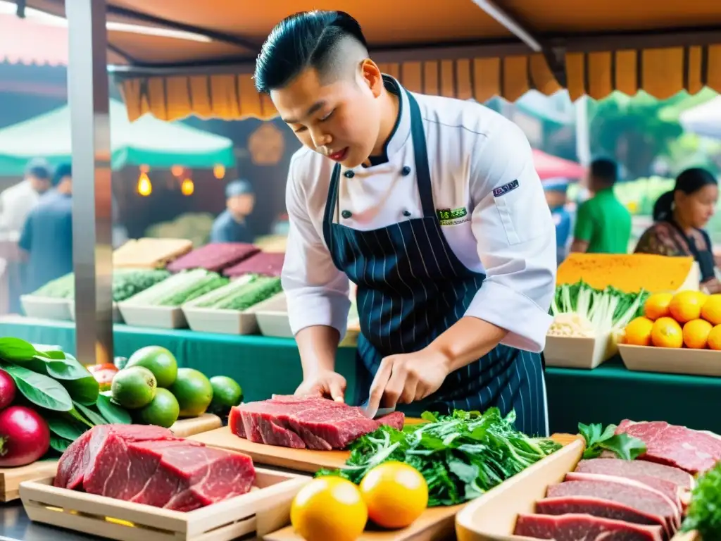 Un mercado asiático bullicioso y vibrante con una fusión de ingredientes asiáticos saludables en exhibición, un chef hábil cortando carne