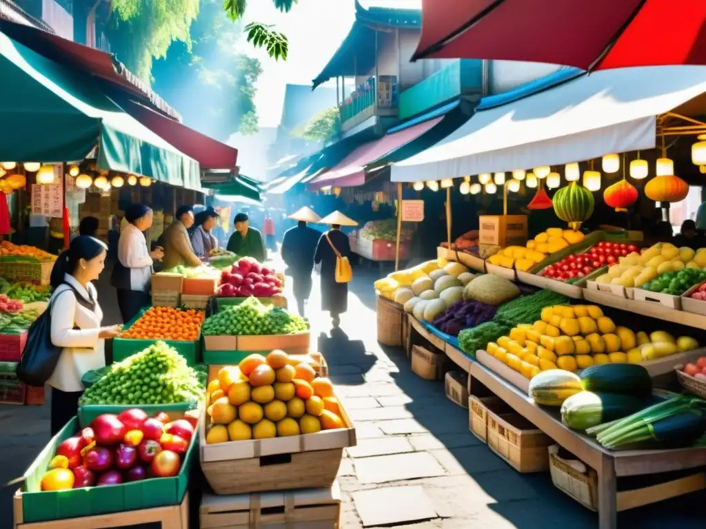 Un mercado asiático bullicioso y vibrante, con vendedores y productos coloridos