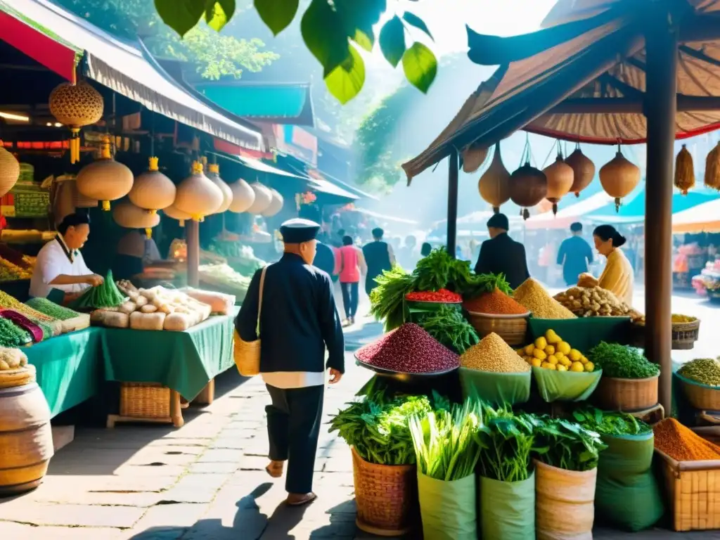 Mercado asiático con especias frescas y gente vestida tradicionalmente, creando una atmósfera auténtica