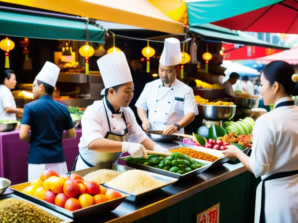 Mercado asiático de lujo, con puestos de frutas exóticas, mariscos frescos y especias aromáticas