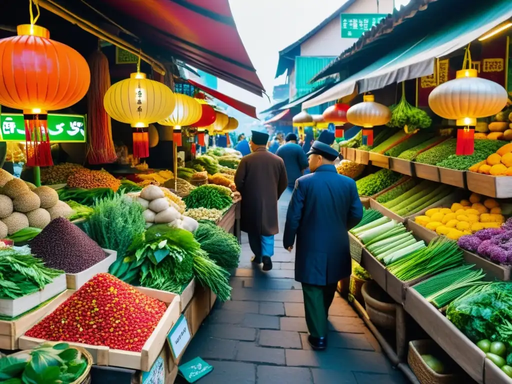 Un mercado asiático tradicional rebosante de vida y color, con vendedores ofreciendo comida medicinal para males modernos