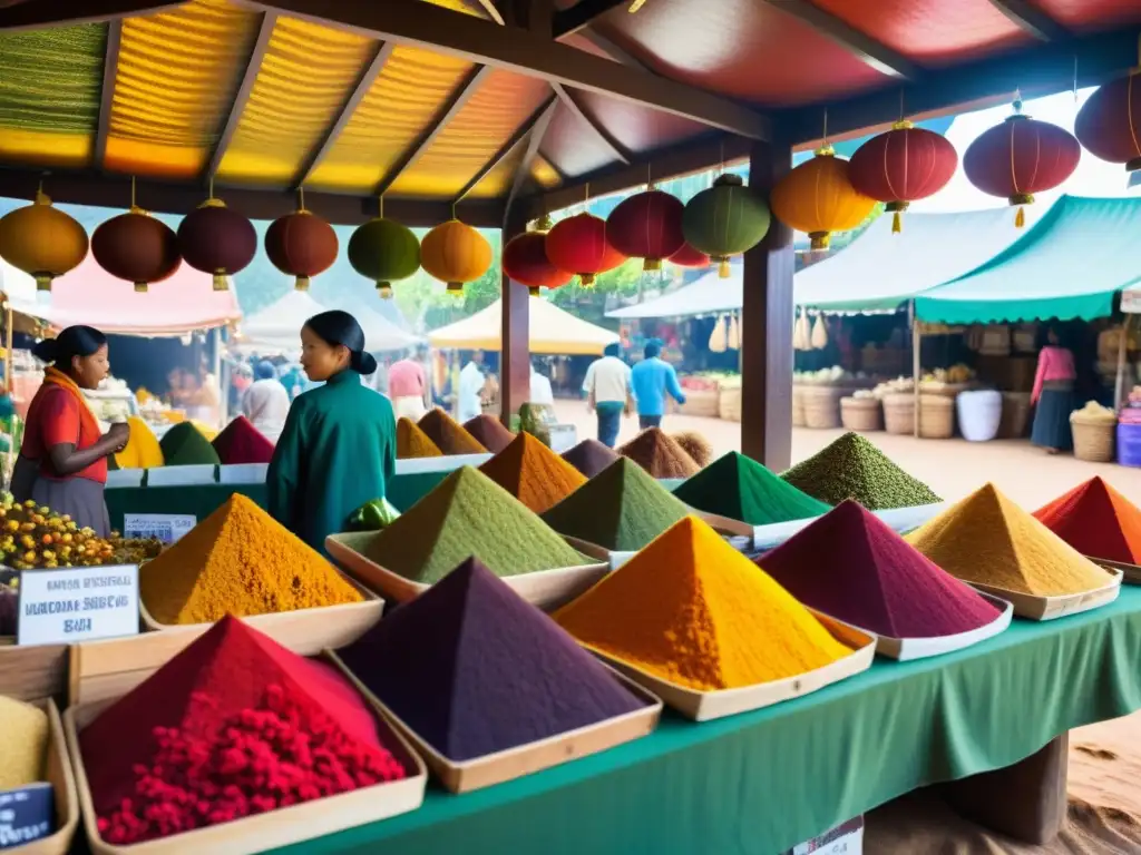 Un mercado asiático tradicional con tintes naturales para cabello asiático, envuelto en una atmósfera vibrante y cultural