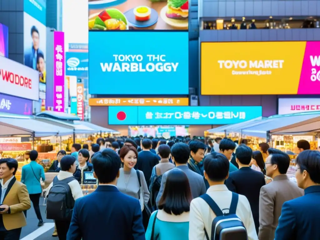 Un mercado bullicioso al aire libre en Tokio, con vendedores mostrando wearables de Japón innovadores en un ambiente vibrante y futurista