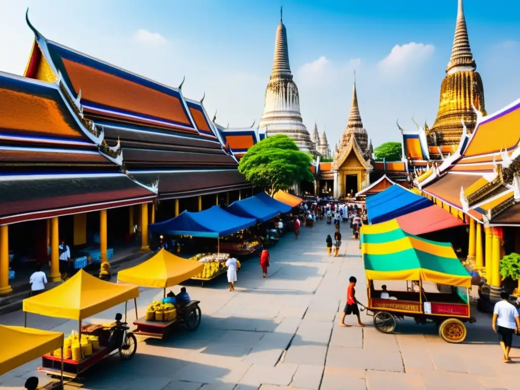 Mercado bullicioso en la antigua Ayutthaya, con puestos coloridos y artesanos creando tradición y poder en Ayutthaya