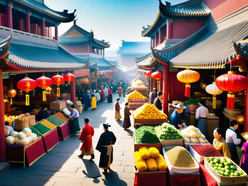 Mercado bullicioso en la antigua China, con comerciantes y clientes intercambiando bienes entre coloridos puestos y arquitectura tradicional