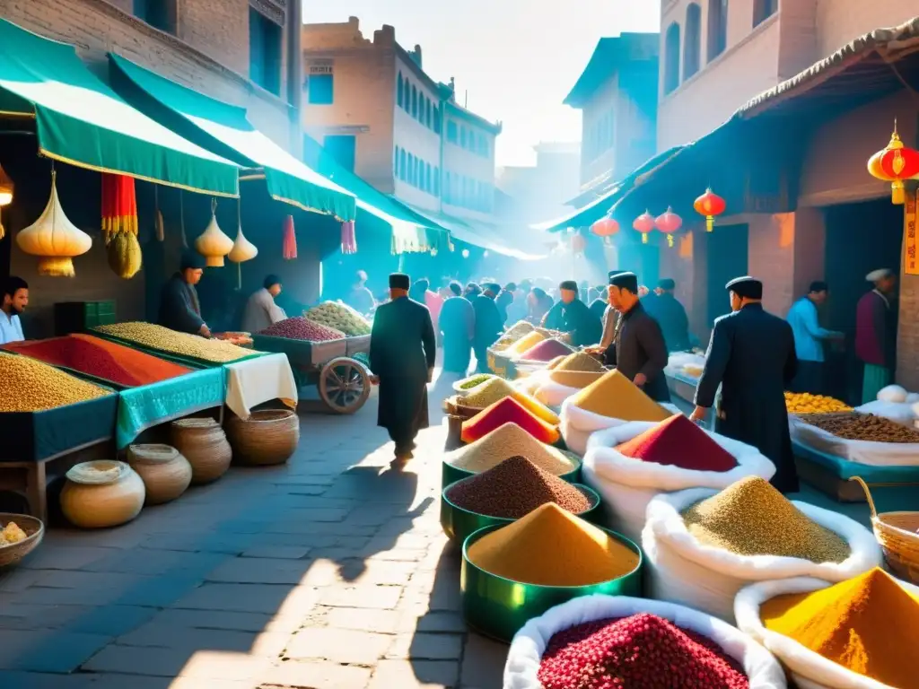 Un mercado bullicioso en una antigua ciudad de la Ruta de la Seda, con puestos coloridos de especias y frutas exóticas, y platos tradicionales de Asia Central