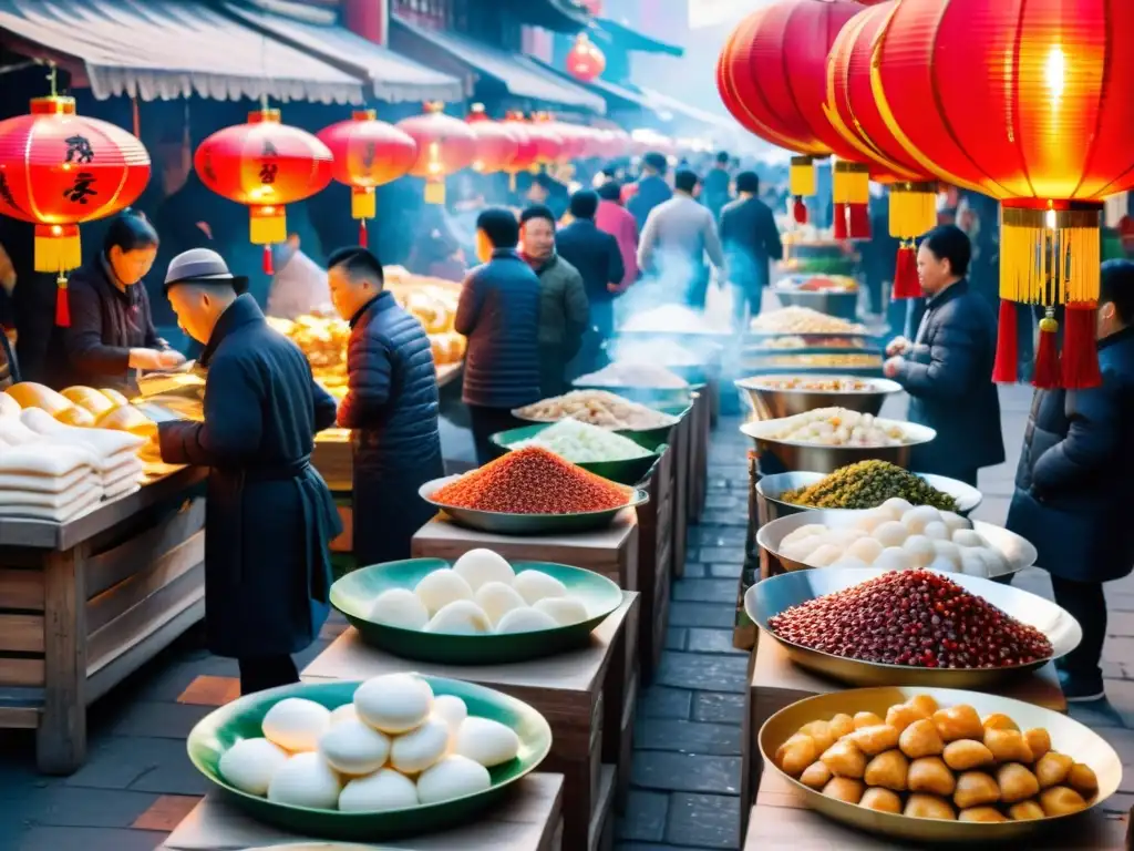 Un mercado bullicioso en Beijing, con platos chinos tradicionales y chefs preparándolos al aire libre